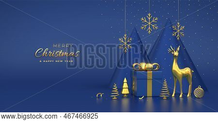 Christmas Banner. Composition From Gift Box, Gold Deer, Shining Showflakes And Ball, Golden Metallic
