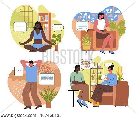 Mental Health Recovering. Men And Women Suffer From Psychological Problems And Restore Emotional Con