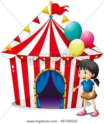Ilustração de uma menina com balões na frente da tenda do circo em um fundo branco