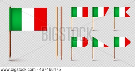 Realistic Various Italian Toothpick Flags. Souvenir From Italy. Wooden Toothpicks With Paper Flag. L