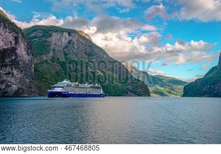 Aurlandsfjord, Norway - August 22 2022: A Cruise Ship In Aurlandsfjord, Branch Off Of The Main Sogne