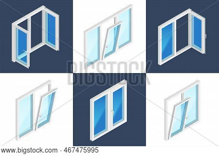 Window Installation Isometric Design Concept Set Of Six Square Icons With Opened And Closed Plastic 