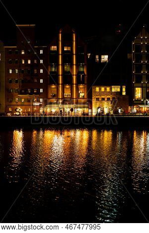 Gdansk Poland March 2022 Old Town In Gdansk At Night. The Riverside On Granary Island Reflection In 