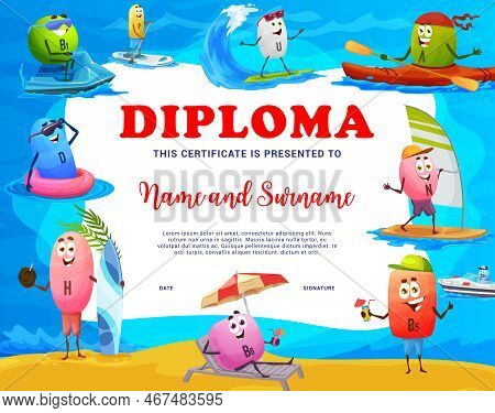 Kids Diploma Cartoon Vitamin Characters On Summer Vacation. Vector Certificate With B1, P, U, A And 