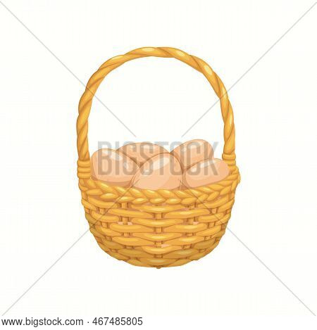 Cartoon Chicken Eggs In Basket, Isolated Vector Wicker Pottle With Pile Of Fresh Brown Eggs On White