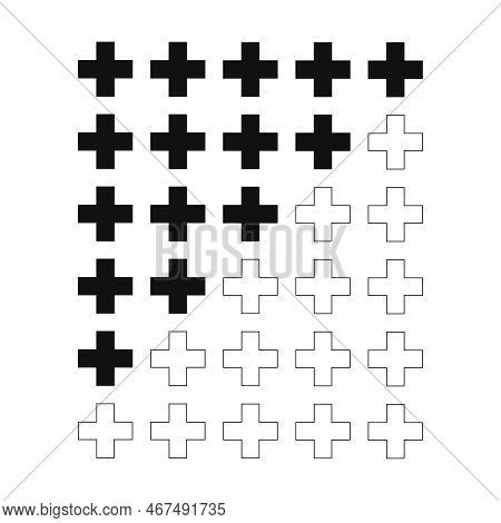 Five Black Plus Buttons In A Row For Grading Or Measuring In Vector. 5 Stars Rate Like Cross Linear 