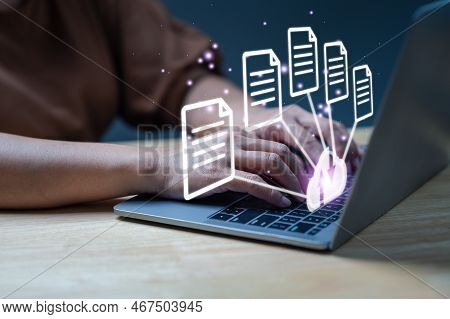 Businessman Using Laptop With Virtual Screen To Backup Data. Process Data And Manage Files On Cloud 