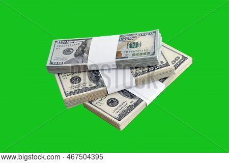 Bundle Of Us Dollar Bills Isolated On Chroma Keyer Green. Pack Of American Money With High Resolutio