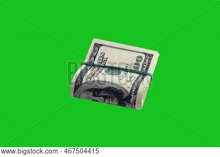 Bundle Of Us Dollar Bills Isolated On Chroma Keyer Green. Pack Of American Money With High Resolutio