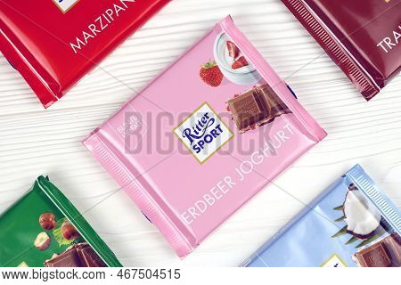 Kharkiv, Ukraine - December 8, 2020: Ritter Sport Chocolate Product. Ritter Sport Company Was Founde
