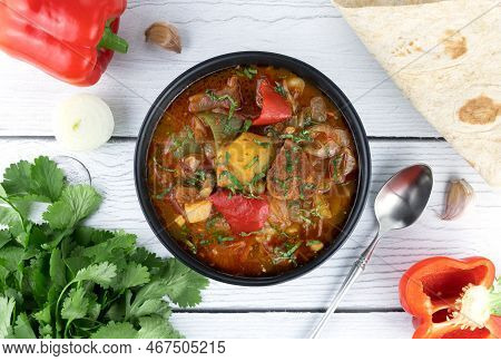 Khashlama - Meat Stew Of Beef Or Lamb Meat With Vegetables, Lavash, On A Gray Background. Armenian A