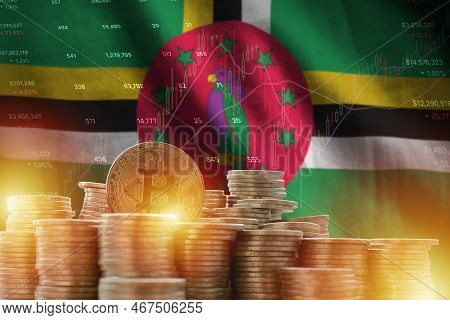 Dominica Flag And Big Amount Of Golden Bitcoin Coins And Trading Platform Chart. Crypto Currency Con