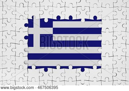Greece Flag In Frame Of White Puzzle Pieces With Missing Central Parts