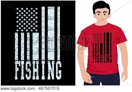 Usa Flag With Fishing T-shirt Design. T-shirt Gift For Fishing Lovers. American Flag Vector Fishing 