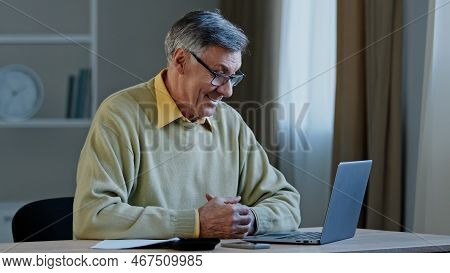 Close-up Elderly Man Negotiating Online Use Laptop Professor Teaching Lecture On Internet Sitting Ho