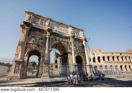 Rome, Italy - July 27, 2022: Arch Of Constantine Tousists, Summer Vacation, Rome, Italy.