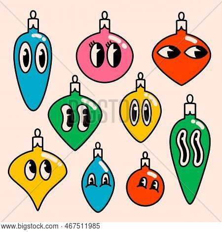 Merry Christmas And Happy New Year Trendy Retro Cartoon Characters. Groovy Hippie Christmas Decorati