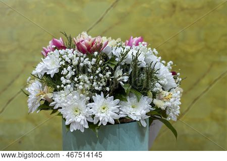 Rich Beautiful Bouquet. Fresh Autumn Bouquet.
Fresh Colorful Varied Flowers. Selective Focus.