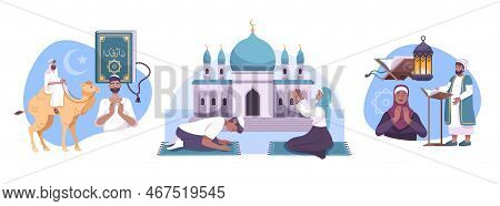Set Of Three Isolated Islam Compositions With Flat Characters Of Prayers Mullah Mosque Building And 