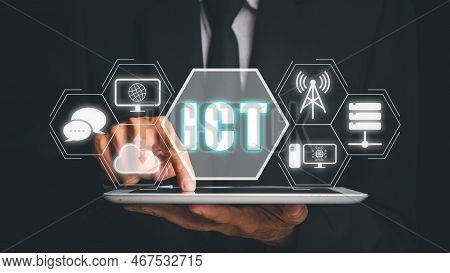 Information And Communications Technology (ict) Concept, Person Hand Typing Keyboard Computer On Des