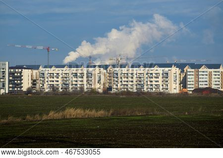 Bucharest, Romania - December 13, 2022: Chimney Of Bucharest Cet Sud Power Plant Pollute With Smoke 