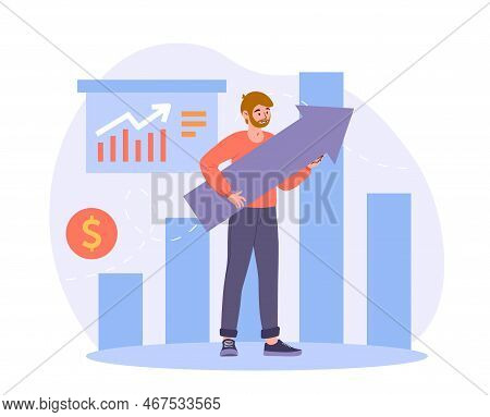 Man With Finance Growth. Guy Holding Arrow Going Up. Successful Investor Or Entrepreneur, Economics 