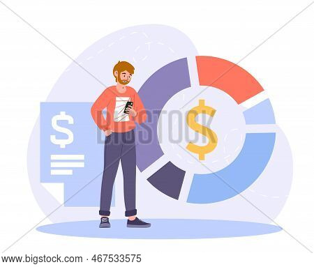 Man With Charts. Young Guy Next To Chart Distributes Income And Expenses. Analyst Evaluates Statisti