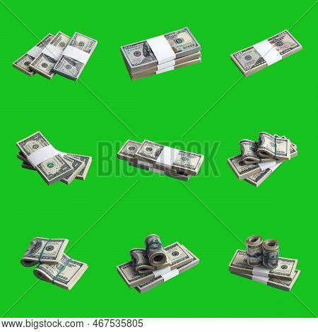 Big Set Of Bundles Of Us Dollar Bills Isolated On Chroma Key Green. Collage With Many Packs Of Ameri