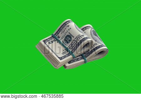 Bundle Of Us Dollar Bills Isolated On Chroma Keyer Green. Pack Of American Money With High Resolutio