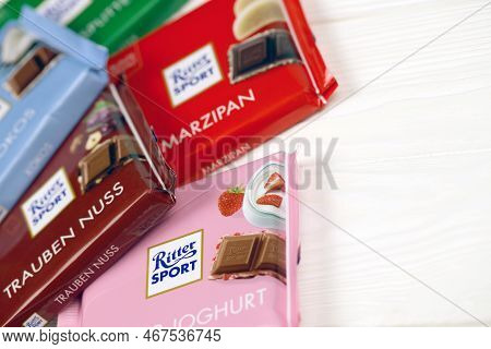 Kharkiv, Ukraine - December 8, 2020: Ritter Sport Chocolate Product. Ritter Sport Company Was Founde