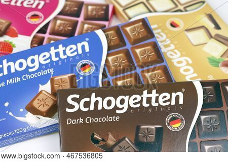 Kharkiv, Ukraine - December 18, 2020: Schogetten Chocolate Packs. Dark Chocolate Produced By Ludwig 