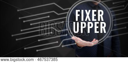 Text Sign Showing Fixer Upper. Business Showcase House In Need Of Repairs Used Chiefly Connection Wi