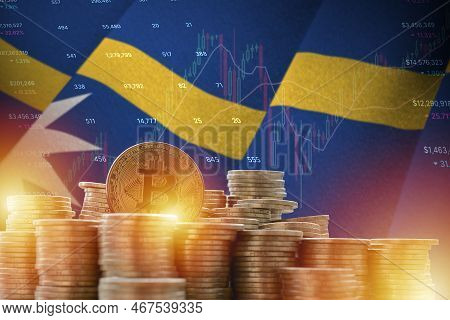 Nauru Flag And Big Amount Of Golden Bitcoin Coins And Trading Platform Chart. Crypto Currency Concep