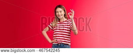 Good Job Mate. Proud Happy Female Coworker Approve Your Effort Show Okay Gesture Winking Joyfully Co