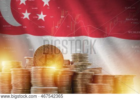 Singapore Flag And Big Amount Of Golden Bitcoin Coins And Trading Platform Chart. Crypto Currency Co