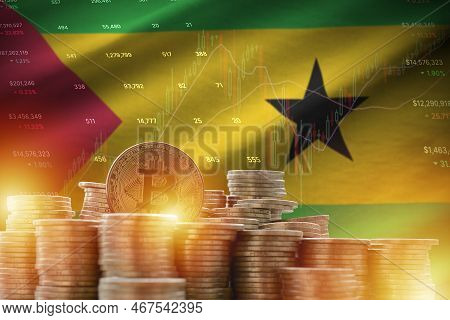 Sao Tome And Principe Flag And Big Amount Of Golden Bitcoin Coins And Trading Platform Chart. Crypto