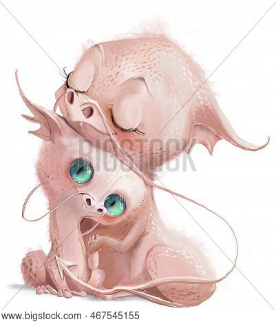Two Cute Cartoon White Dragons Are Huging
