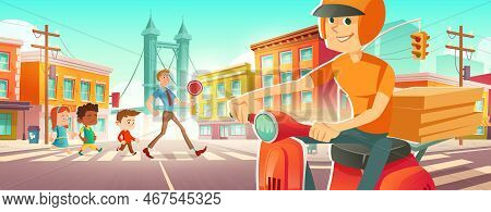 Children Walk On Pedestrian Crosswalk With Teacher. Delivery Man On Scooter With Pizza Wait On Road 