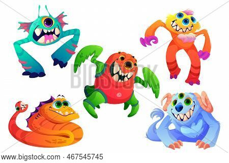 Cute Monsters, Little Alien Animals With Teeth, Horns, Many Eyes And Fur. Vector Cartoon Set Of Funn