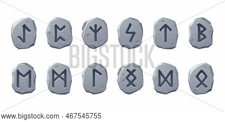 Rune Stones With Sacred Glyphs For Game Design Isolated On White Background. Vector Cartoon Set Of A