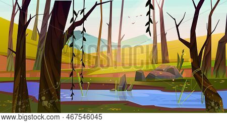 Spring Forest With River, Green Grass And Mountains On Background. Morning Scene Of Natural Park Wit