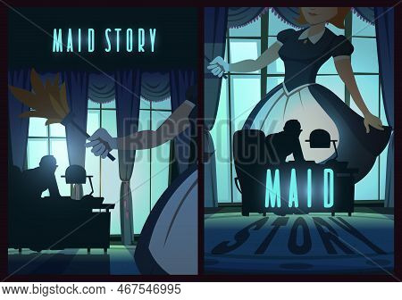 Maid Story Poster With Woman In Apron And Man Silhouette At Desk In Night Office. Vector Banner Of M