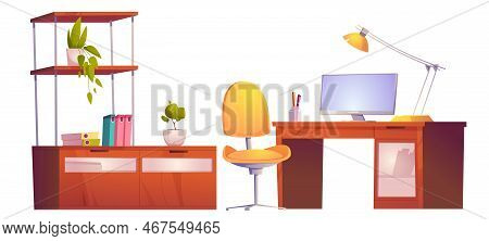 Office Or Home Workplace With Desk, Monitor, Chair And Bookcase. Vector Cartoon Set Of Furniture For