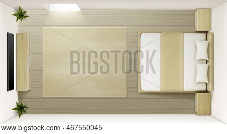 Modern Bedroom Interior Top View. Vector Realistic Mockup Of Empty Sleeping Room With Double Bed Wit