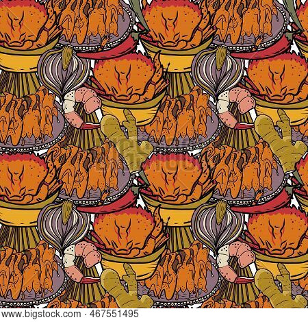 Vector Panasian Food Seamless Pattern. Hand Drawn Sketch With Asian Food Such As Noodles, Shrimps, G