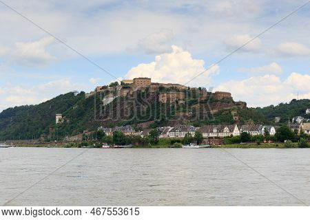 Ehrenbreitstein Fortress At River Rhine Overlooking The Town Of Koblenz, Germany