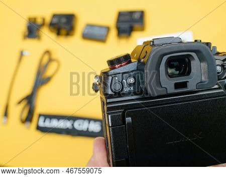 Paris, France - Nov 20, 2022: Lock And Play Buttons On The Rear Or New Panasonic Lumix Dmc-gh6 Micro