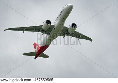 Zurich, Switzerland, September 27, 2022 Helvetic Airways Embraer E190-300-std Aircraft Is Departing 