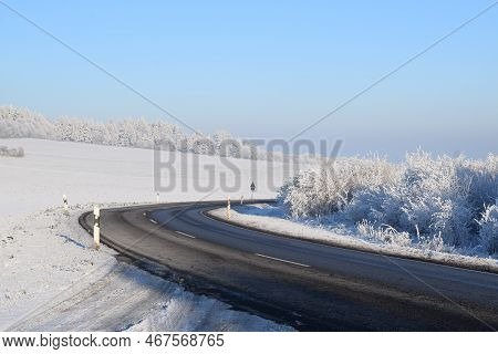 Country Road Curve In A Sunny Winter Wonderland