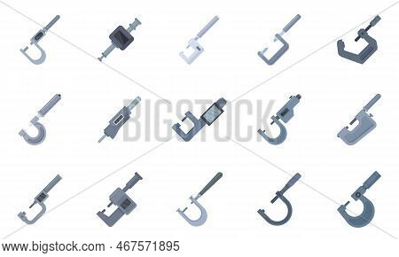 Micrometer Icons Set Flat Vector. Engineering Gauge. Industrial Micrometer Isolated